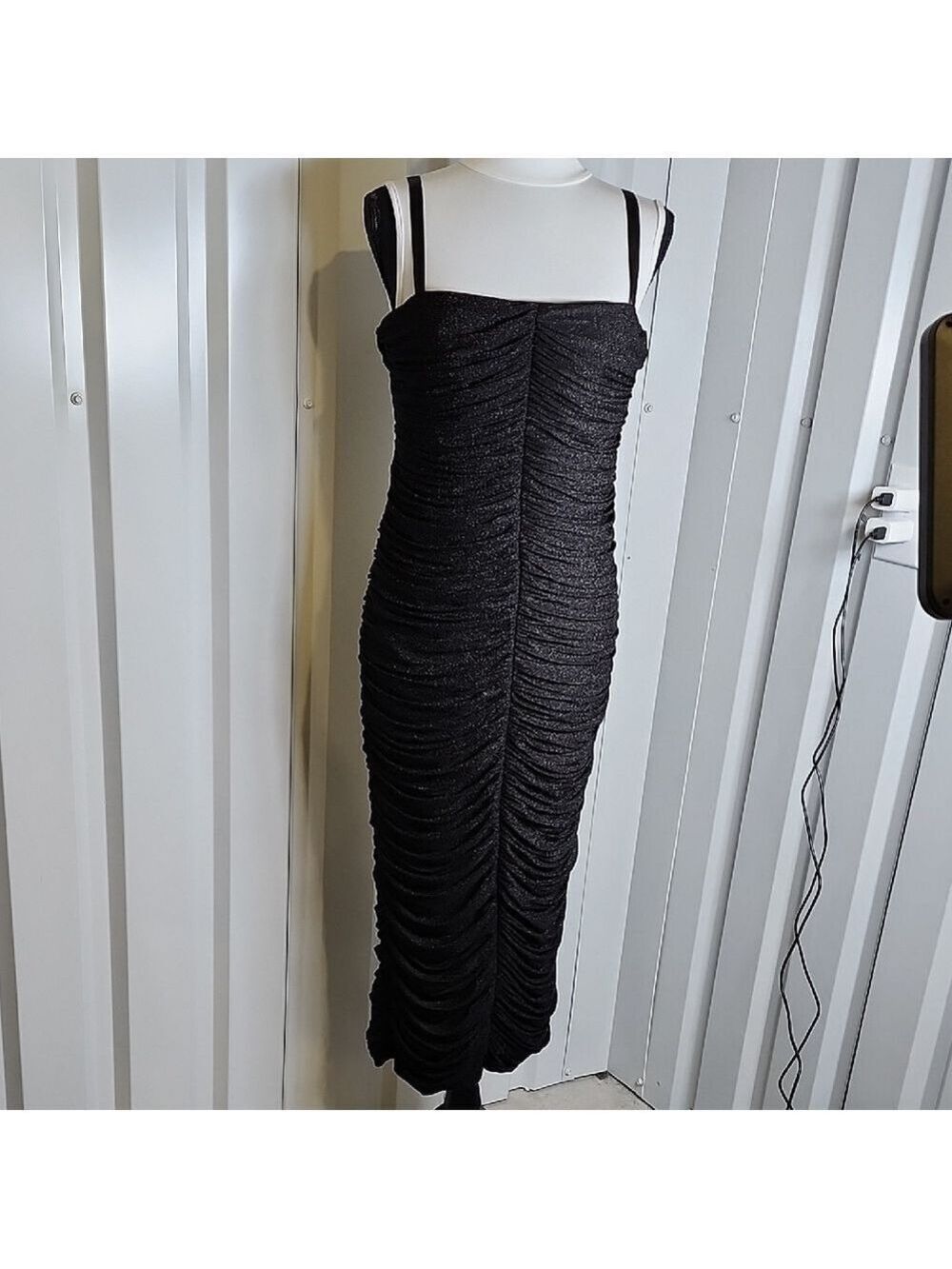 Likely Cole Cocktail Dress Black Sparkle Straps Ruched Midi Size 12 LBD Fitted